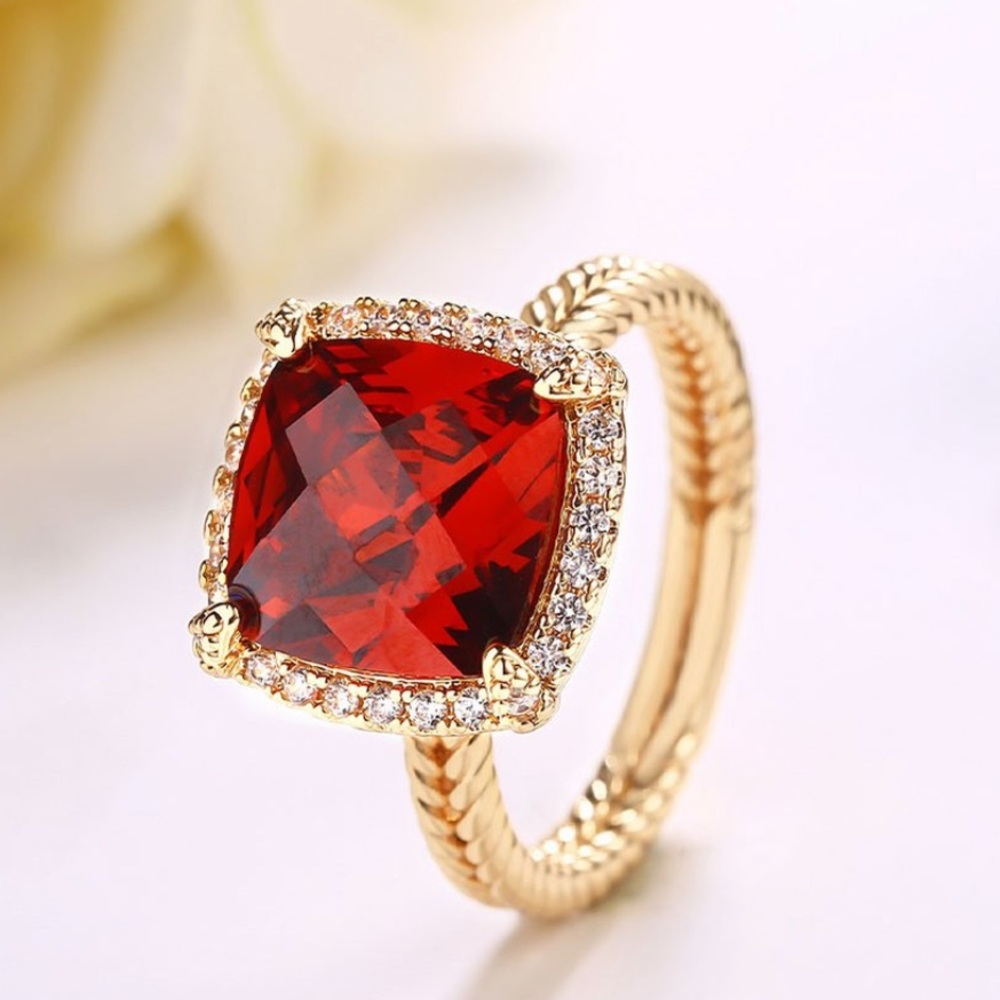 Lab created Ruby & 18k goldplated cushion cut NWT